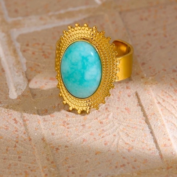 RETRO Large Aqua Natural Stone Gold Plated Statement Ring - Picture 10 of 12